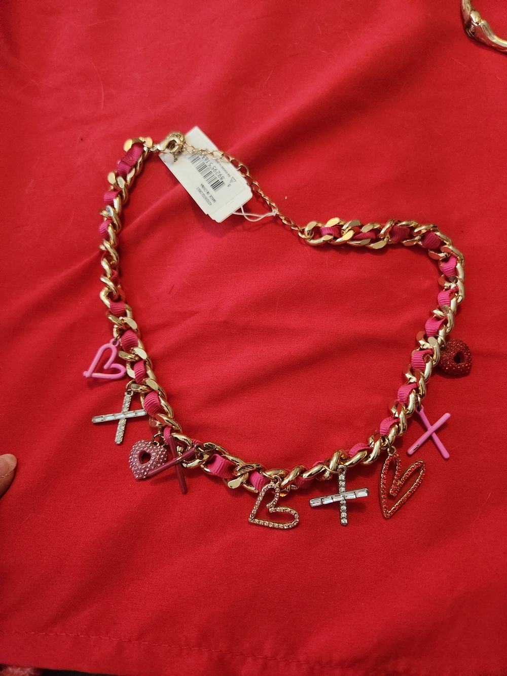 Betsey Johnson Gold Chain Bracelet with Pink Ribbon and Heart & X Charms
